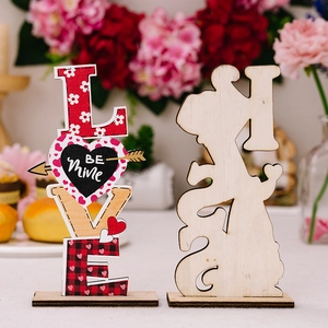 Valentine's Day LOVE wooden table decor with red plaid patterns and Be Mine heart sign