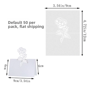 Laser cut rose place cards for wedding, shown in folded and flat states with dimensions