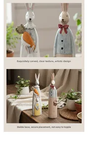 Detail of vintage resin rabbit statues with wood texture and warm home decor setting