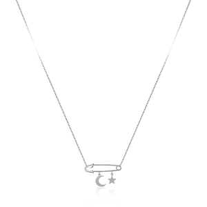 925 Sterling Silver Necklace With Safety Pin Pendant Zircon Moon And Star Elegant Minimalist Jewelry For Women