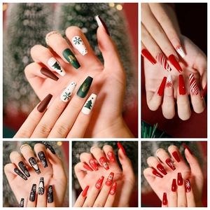 Christmas Press On Nails Long Coffin Almond Shape Artificial Fake Nails Snowflake Reindeer Santa Pattern Festive Manicure For Women