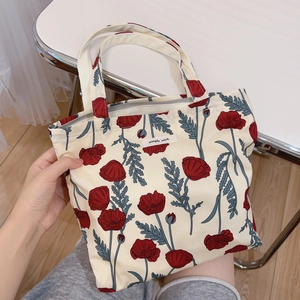 Vintage floral cotton handbag with red flower print and secure zipper closure for women