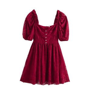 Robe Mini Sexy Élégante En Dentelle Rouge Col Carré Manches Bouffantes Taille Haute Pour Femmes Fête Coupe A-Line Motifs Floraux Boutons Künstliche Perles