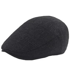 Vintage British Style Men Checkered Flat Cap Wool Blend Newsboy Ivy Hat Warm Windproof Winter Accessory