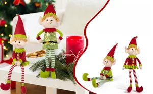 Detail of 65cm bendable long-legged Christmas elf plush with striped socks and sequins