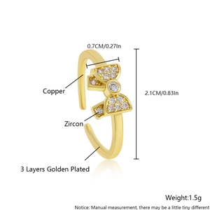 18k gold plated copper bow ring with zircon stones and adjustable band dimensions