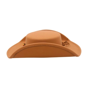 Detail view of brown wool fedora with colorful beaded trim and leather tassels