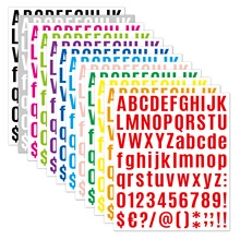 Detailed close-up of multi-color alphanumeric stickers with letters and numbers