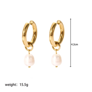 Minimalist gold stainless steel hoop earrings with freshwater pearl charms, 4.2cm length