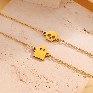 Minimalist gold stainless steel bracelets with hollow skull and ghost charms for Halloween