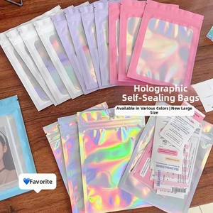 Macro detail of laser iridescent seal bags in assorted colors for jewelry storage