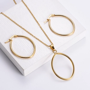 Minimalist gold plated stainless steel jewelry set with oval pendant necklace and earrings
