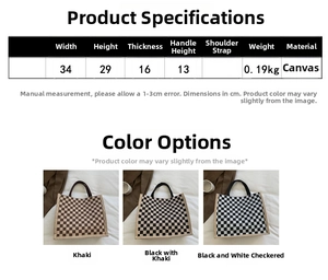 Detailed size chart for large canvas tote bag showing dimensions and three color options