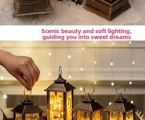 Macro detail of bronze Christmas lanterns with Santa Claus painting and warm LED lighting
