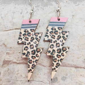 Leopard print lightning bolt wooden drop earrings with pink and grey striped detail