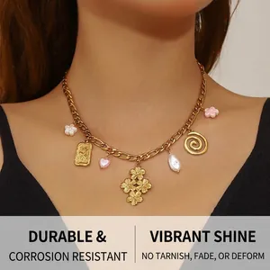 Detailed close-up of a gold-plated chunky chain necklace with assorted fashion charms
