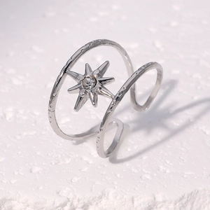 Detail of silver starburst ring with double band and sparkling center zircon crystal