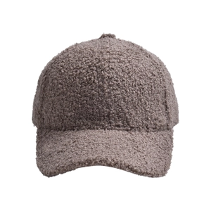 Detailed macro view of plush coffee brown lamb wool texture on winter baseball cap