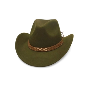 Detail of olive green felt cowboy hat with hexagon sequin band and pinched crown