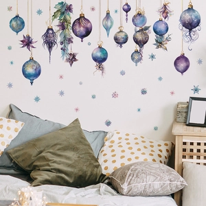 Watercolor Christmas wall decals featuring blue and purple ornaments and snowflakes for bedroom