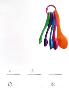 Detail of 5-piece colorful measuring spoon set with dual scales and detachable ring