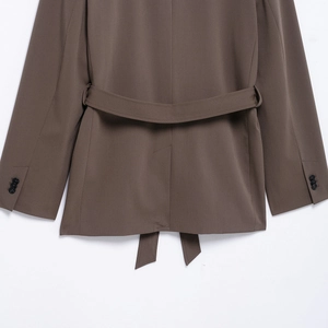 Back view of brown casual blazer with waist tie and triple-button cuffs on sleeves