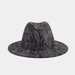 Detailed view of autumn snakeskin pattern wool fedora with a flat brim design