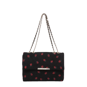 Black corduroy shoulder bag with strawberry embroidery and gold chain strap