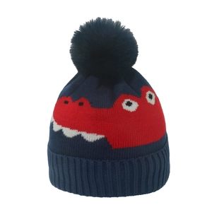Winter knit hat for boys with cartoon dinosaur jacquard and blue pom-pom top
