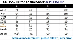 Size chart for casual shorts with belt showing waist, hip, and length in XS to L