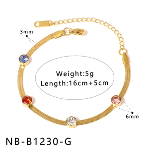 Detailed size guide of gold snake chain bracelet with multi-colored cubic zirconia stones