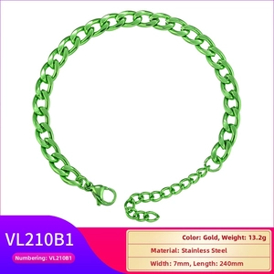 Macro detail of 7mm green stainless steel curb chain bracelet with lobster clasp