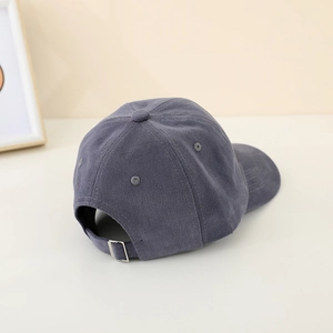 Deep blue-grey corduroy kids baseball cap showing back view with adjustable metal buckle