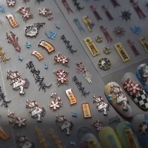 Close-up of 3D embossed nail stickers featuring Taoist talismans and skull motifs