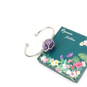 Silver wire wrapped amethyst tree of life cuff bracelet with floral gift box packaging