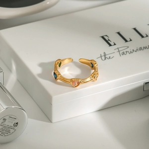 Adjustable 18k gold stainless steel open ring with colorful heart-shaped cubic zirconia