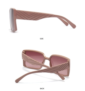 Detail view showing side and back angles of rectangle sunglasses with V-shaped textured temples