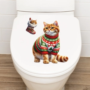 Christmas cat toilet seat sticker featuring a cute ginger cat in a festive holiday sweater