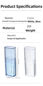 Detailed dimensions of portable transparent PP storage box in white and blue versions