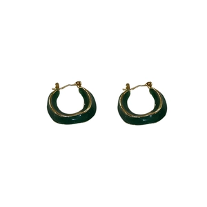 Vintage green enamel geometric irregular C-shaped hoop earrings with gold metal trim