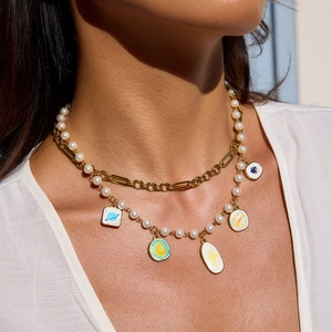 Double layer 18K gold stainless steel celestial necklace with pearls and enamel pendants