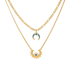 Double-layered crescent moon and eye pendant necklace in gold-plated stainless steel