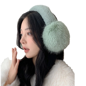 Fuzzy light green faux rabbit fur earmuffs for women warm winter outdoor accessories