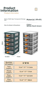 Detailed size chart of transparent desktop storage box with five-tier drawer dimensions