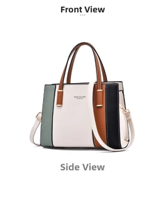 Close-up of contrast color panels and gold metal rings on this women's fashion tote bag