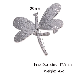 Detailed size chart of dragonfly open ring showing 17.4mm diameter and 23mm length