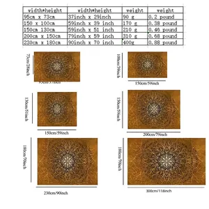 Size chart for mandala tapestry showing five dimensions and weight comparisons