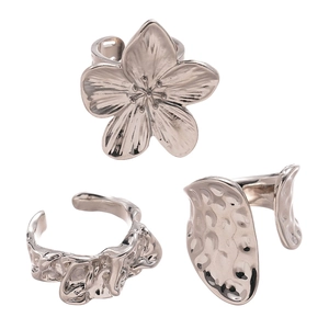 Minimalist silver wrinkled floral and irregular geometric open rings set for women
