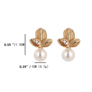 Detail view of pearl leaf earrings with precise dimensions 1.5cm height and 1.0cm width
