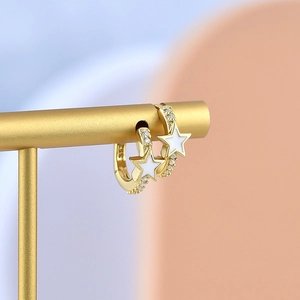 S925 sterling silver star hoop earrings with white enamel charms and pavé crystals